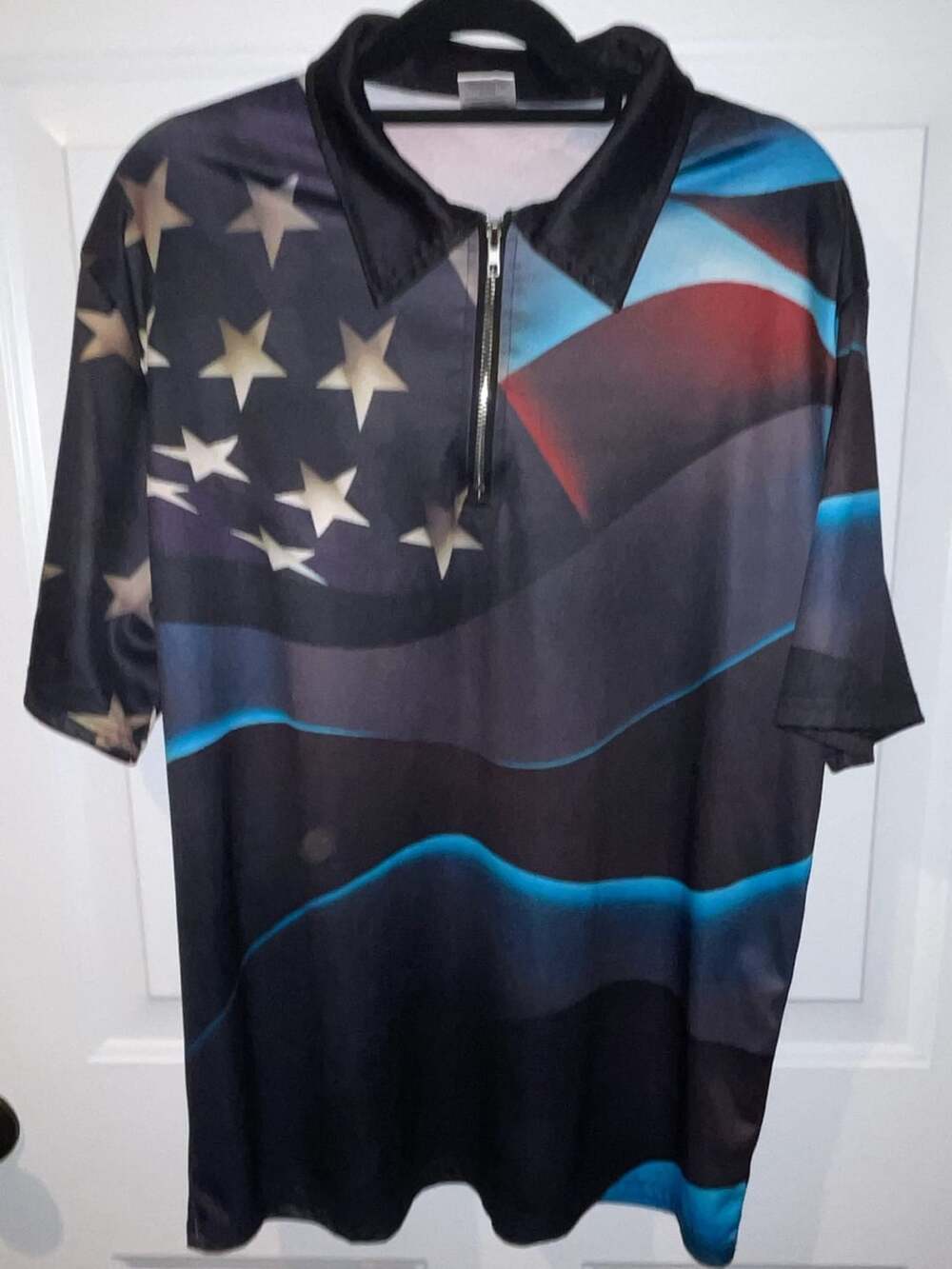 Unbranded USA American Flag Zip Polo Shirt Size L Blue Black Golf Tee